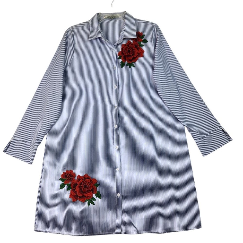 J‎ For Justify Womens Button Up Tunic Top Size XL Blue Stripe Rose Embroidered